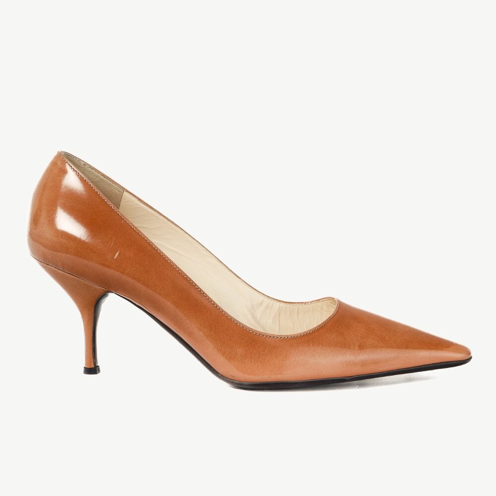 Prada Light Brown Buffed Patent Leather Pointed-Toe Pumps